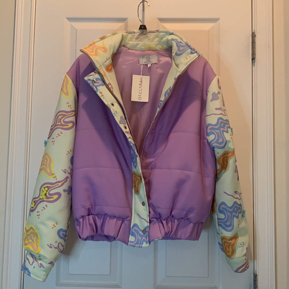 Declara Psychedelic Bomber Jacket size S. Beading on sleeves. Brand new w/ tags.